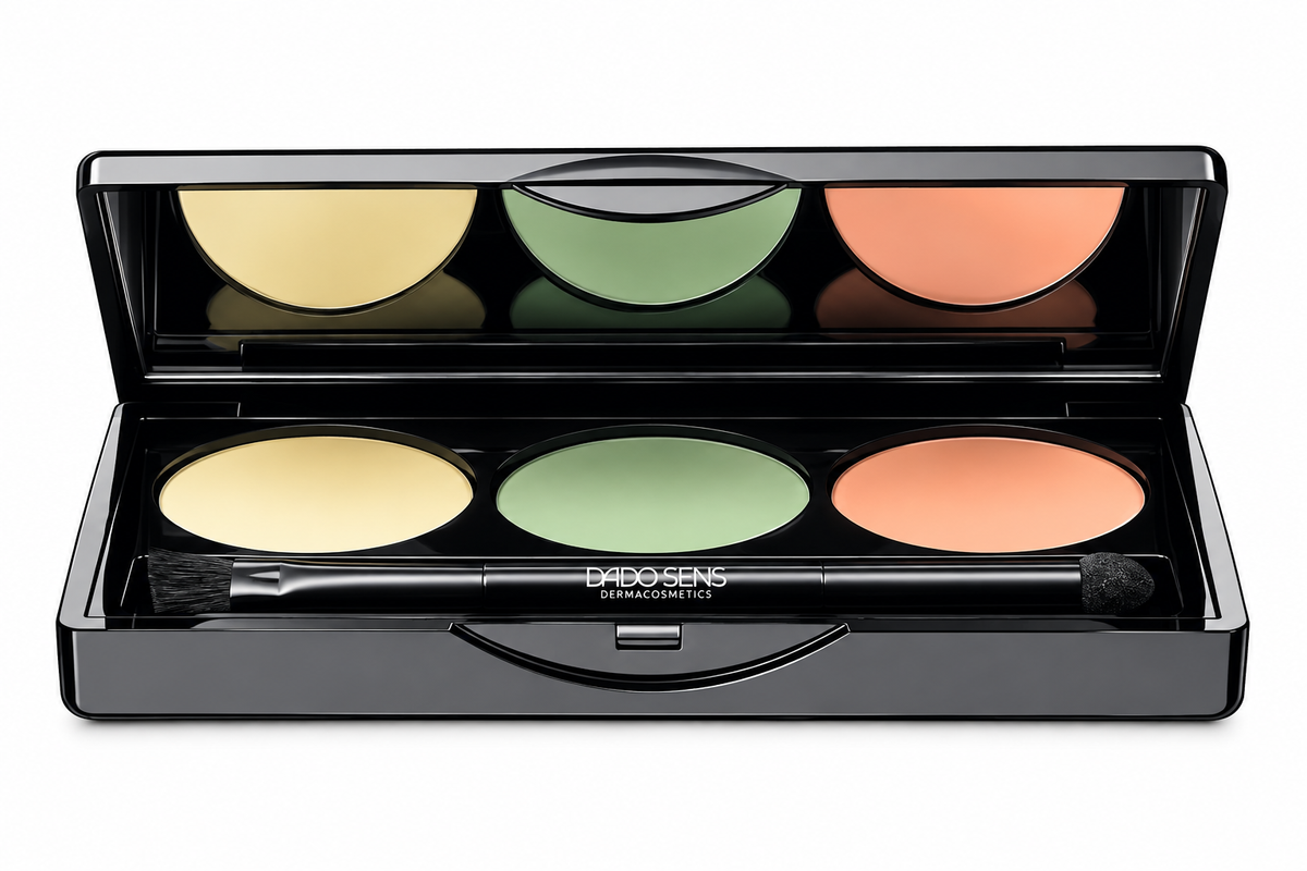 Dado Sens Hypersensitive Concealer Palette geopend met drie tinten geel, groen en beige