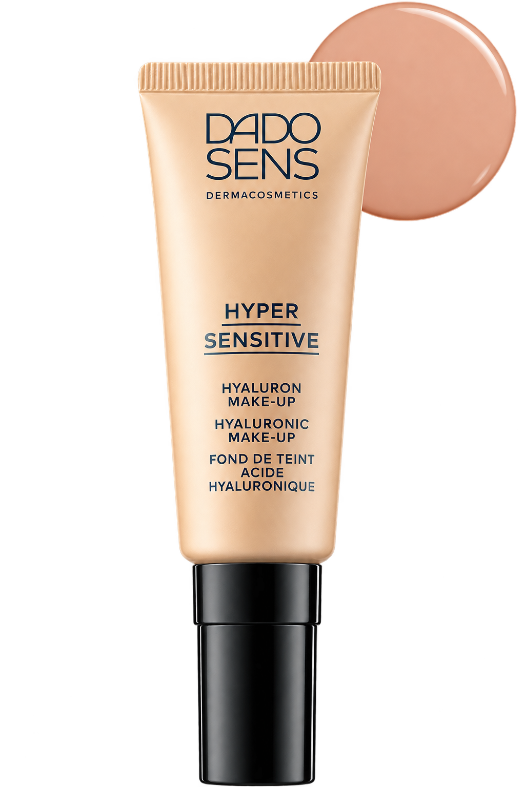 Dado Sens Hyaluron Make-Up Beige tube met foundation swipe op witte achtergrond