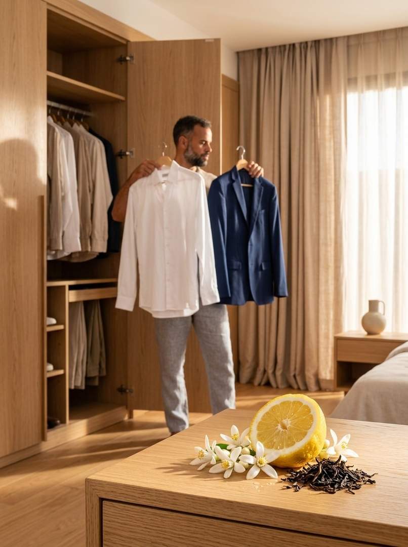 Thomas kiest outfit voor zijn werkdag voor gebruik van Dorian parfum