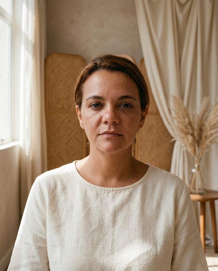 Voor: Layla 38 jaar, medium-donkere huid voor gebruik Latte foundation – Mineralissima