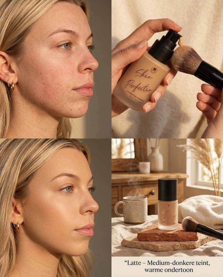 Liquid Hydrating Foundation Latte – voor en na resultaat op medium-donkere huid met warme ondertoon | Mineralissima