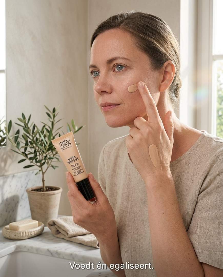 Flatlay Dado Sens Hyaluron Make-Up Beige tube met glazen flesje en bloem