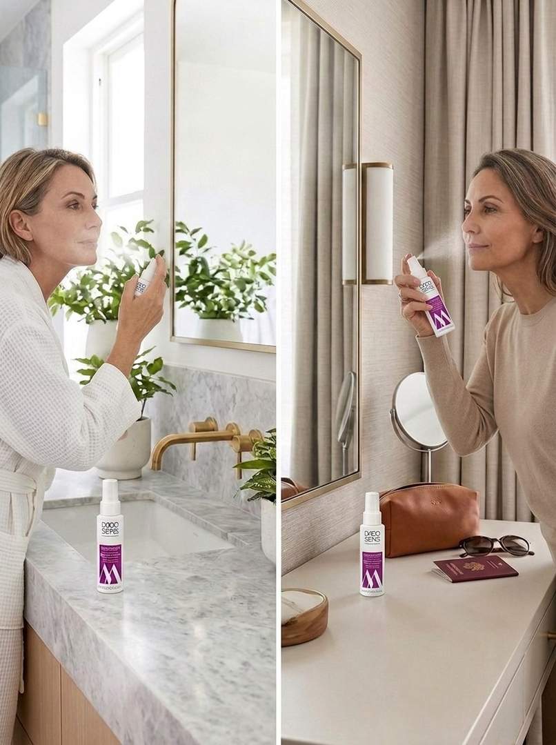 Menoenergy Keep Cool Spray – vrouw brengt spray aan op gezicht voor verkoeling bij opvlieger