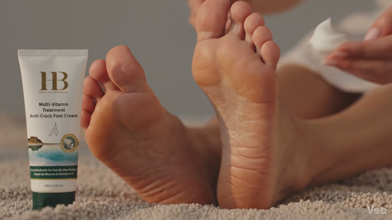 Load video: Multi-Vitamin Anti-Cracked Heel Foot Cream – Restorative &amp; Hydrating with Tea Tree &amp; Dead Sea Minerals (100ml)